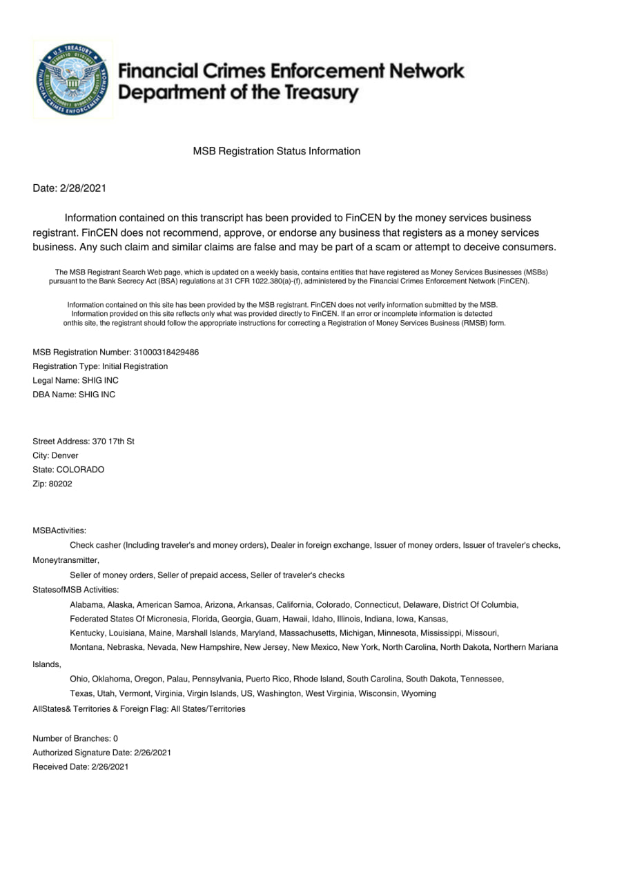 FinCEN MSB registration transcript dated February 2021 and naming SHIG INC